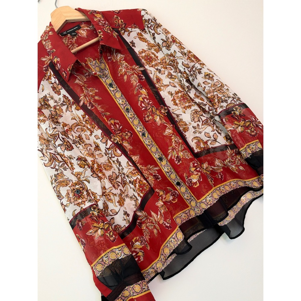 INC International Concepts Button Down Womens Large Red Floral Sheer Mixed Print